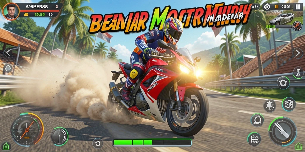 Gameplay seru dalam balapan motor AMPER88.