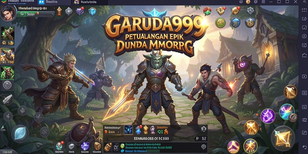 Screenshot utama GARUDA999 menampilkan aksi pertarungan MMORPG yang mendebarkan.