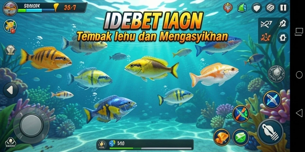 Tampilan gameplay <strong>IDEBET</strong> saat menembak ikan yang beragam.
