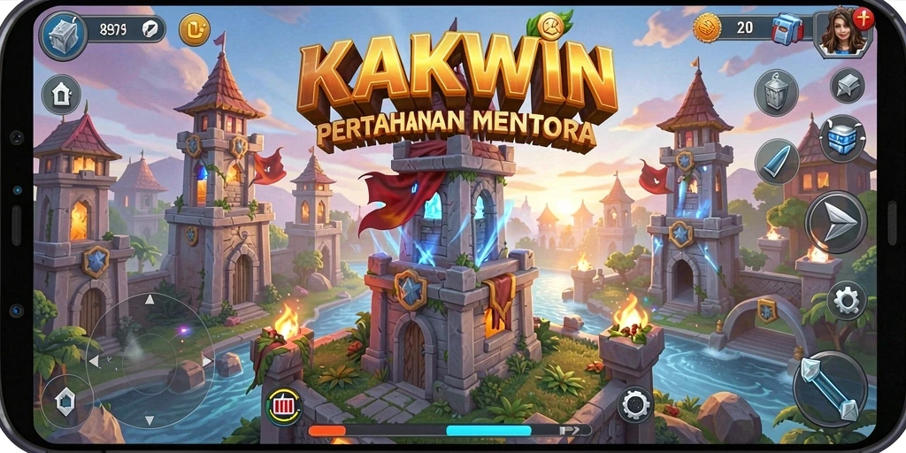 Gambaran gameplay KAKWIN menampilkan menara yang berfungsi melawan gelombang musuh.