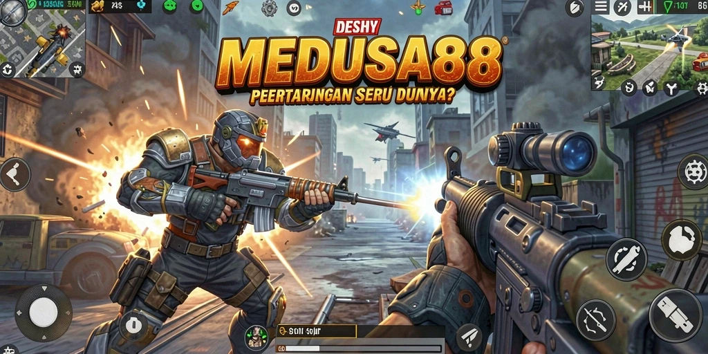 Tangkapan layar utama MEDUSA88 menunjukkan aksi intens dalam pertarungan TPS.