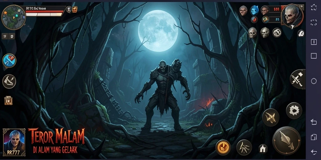 Screenshot gameplay RR777 menampilkan suasana horror yang mencekam.
