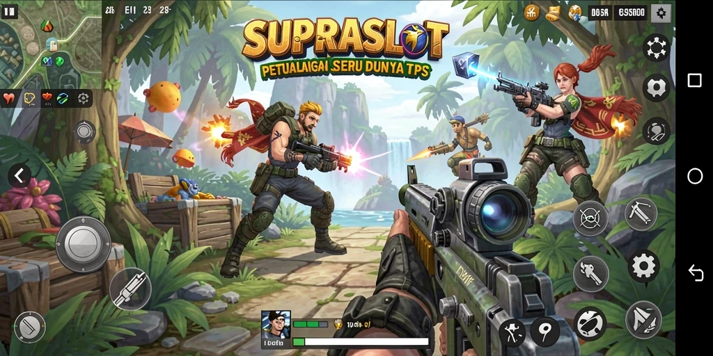 Tangkapan layar utama SUPRASLOT menampilkan aksi seru dalam gameplay TPS.