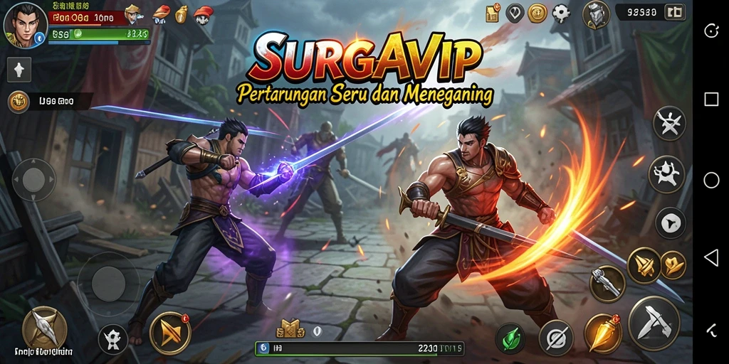 Tangkapan layar utama SURGAVIP menunjukkan pertarungan epik antara karakter yang kuat.